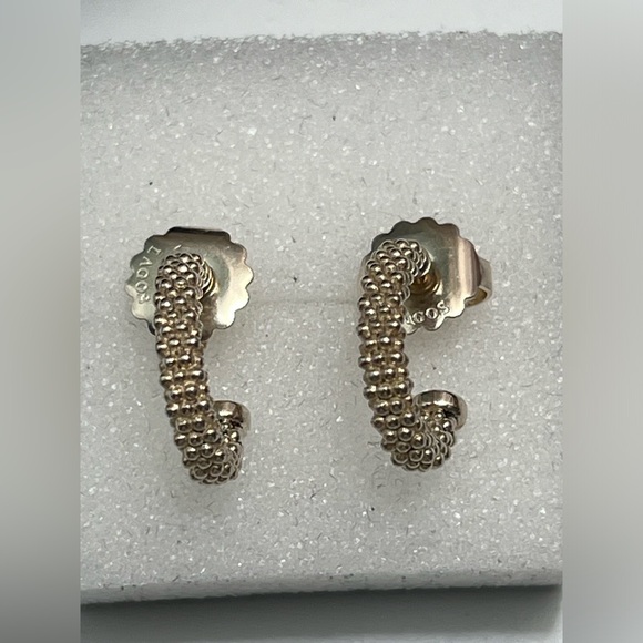 Lagos Sterling Silver Small Caviar Hoop Earrings w/ 14K Gold Posts, 5.45g - Picture 11 of 14